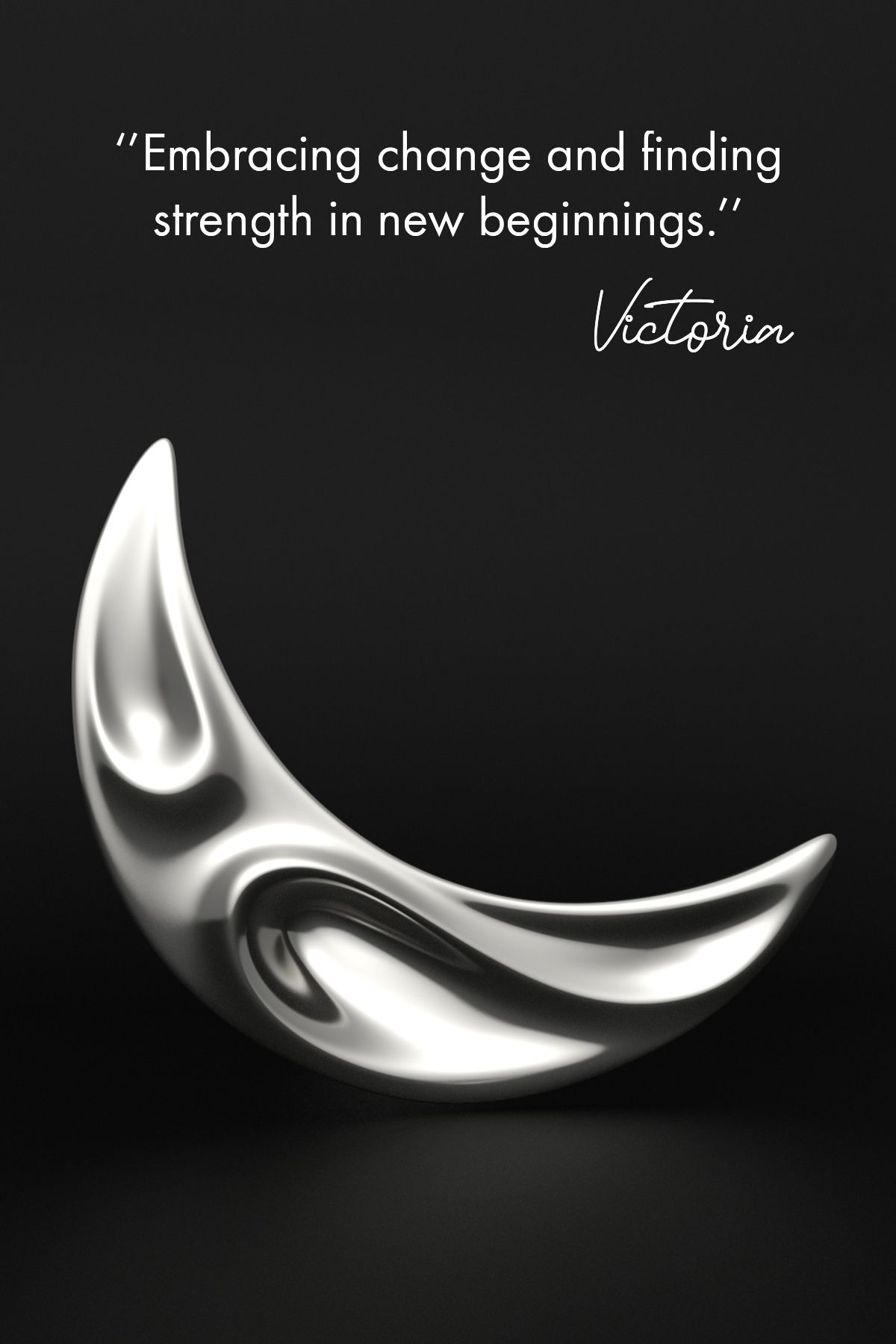 Sleek sterling silver crescent ring with a fluid, modern design displayed against a dark background. The caption reads: 'Embracing change and finding strength in new beginnings.' signed by Victoria.