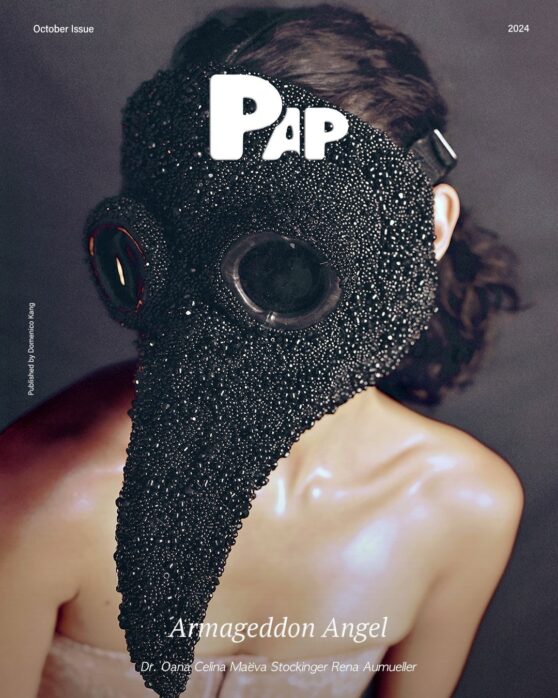 Pap Magazine October 2024 cover featuring Armageddon Angel look with black beaded mask and dark feminine energy.