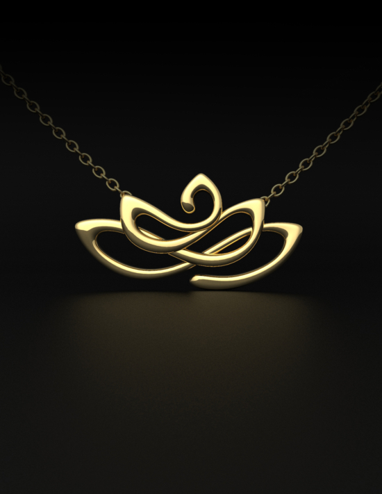 Gold lotus necklace charm with fluid petal-shaped lines.