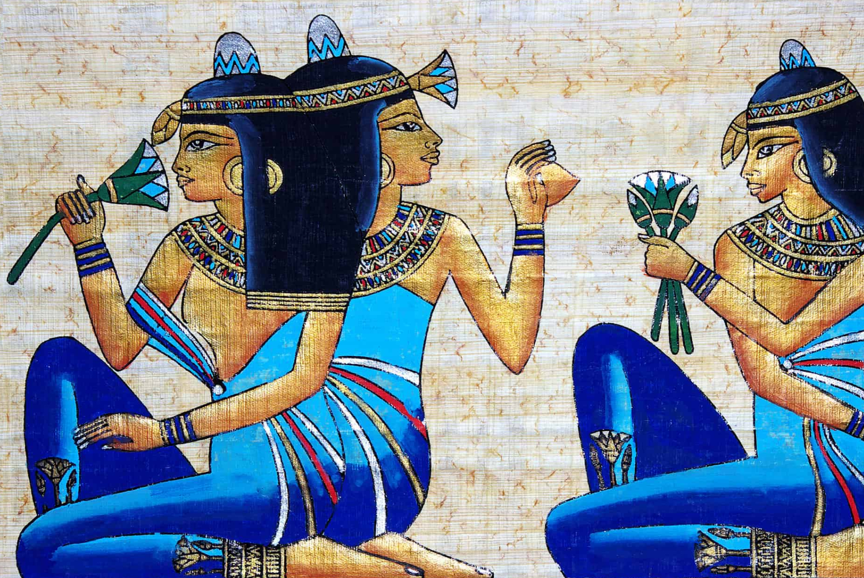 Ancient Egyptian women holding lotus flowers in traditional attire