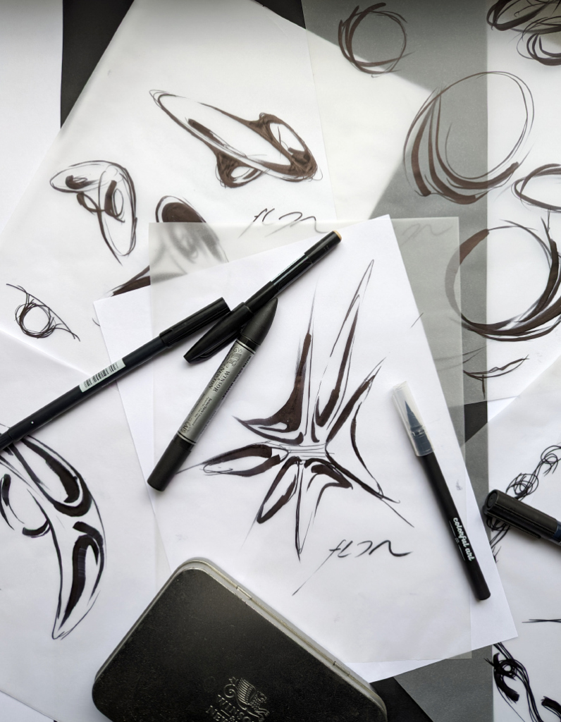 Hand-drawn contemporary jewellery designer sketches