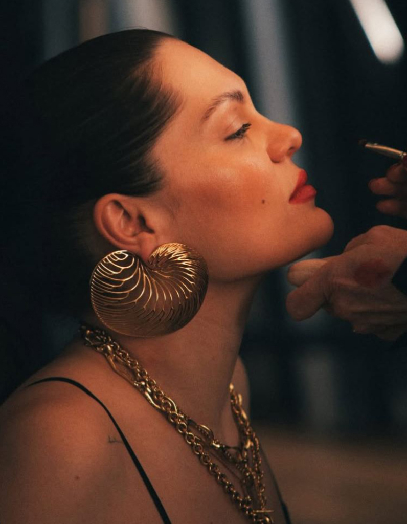 British singer Jessie J wearing luxury large silver shell statement earrings by Floa Design