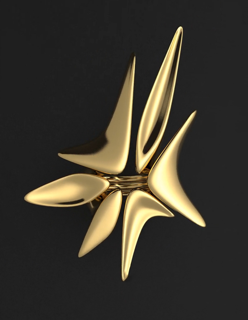 Contemporary gold ring featuring abstract, dramatic starburst design by Floa Design
