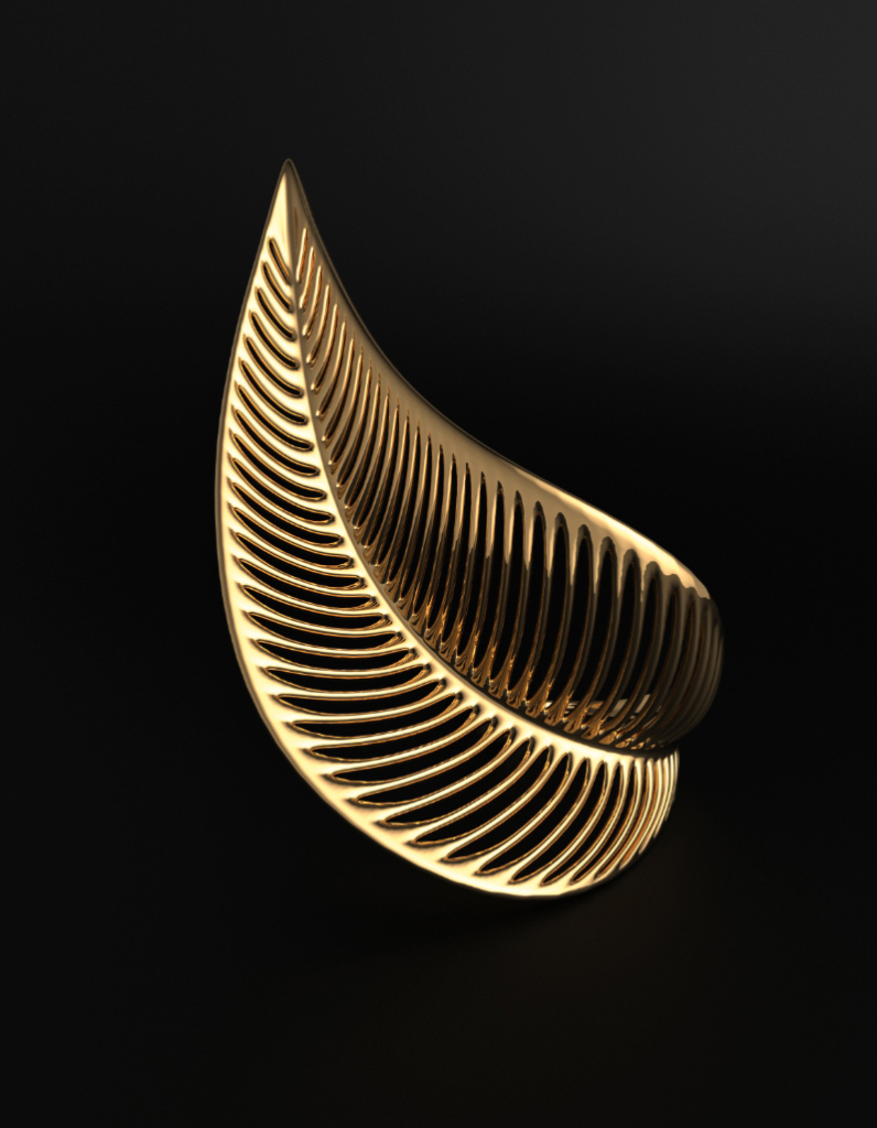 Large gold statement ring in the shape of a leaf or feather featuring sculptural striated design by Floa Design