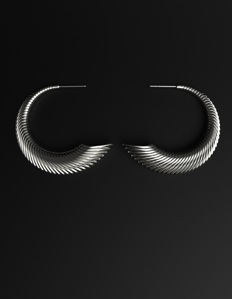 Silver hoop earrings for women featuring a large chunky hollow horn design with ribbed reflective texture by Floa Design