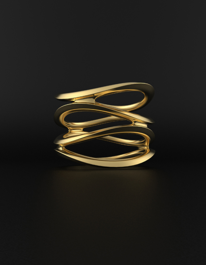 Wide gold ring featuring a sculptural modern design of four stacked wavy bands by Floa Design